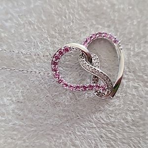 STERLING SILVER HEART PENDANT CREATED PINK SAPPHIRE/DIAMOND ACCENT APPROX 18"